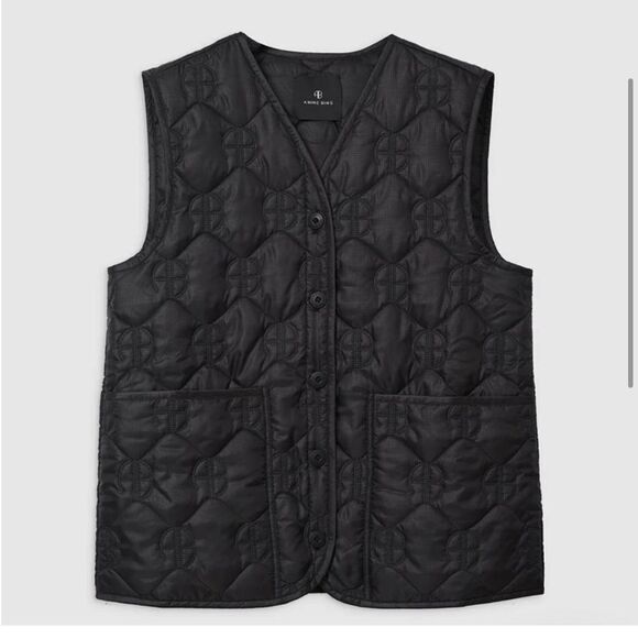 Anine Bing Andy Black Quilted Monogram Vest Pockets‎ Women’s Size Large - Picture 3 of 14